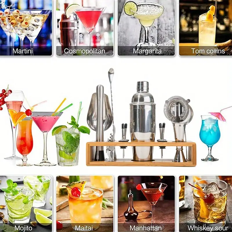 14pcs cocktail shaker set cocktail bartender kit bar drink tool set with stylish bamboo stand cocktail recipes booklet silvery details 2