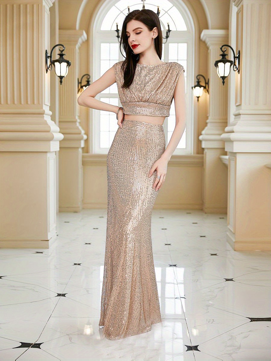 Sequined Elegant Twopiece Set, Ruched Cropped Tops & High Waist Maxi