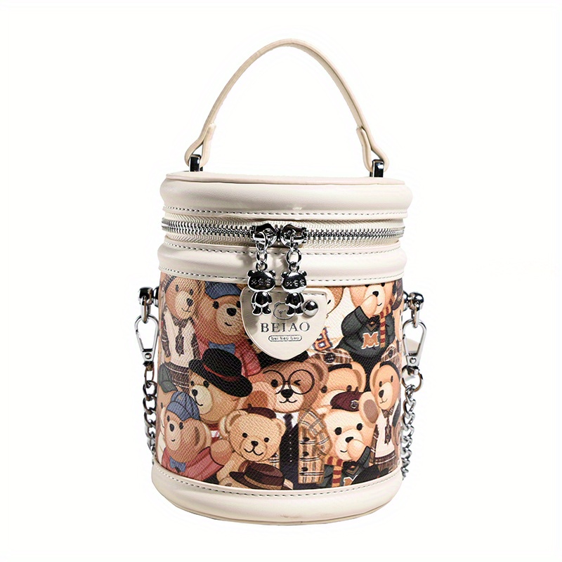 Mini Bear Cylinder Handbag, Scarf Decor Crossbody Bag, Women's Pu Leather  Bucket Bag - Temu