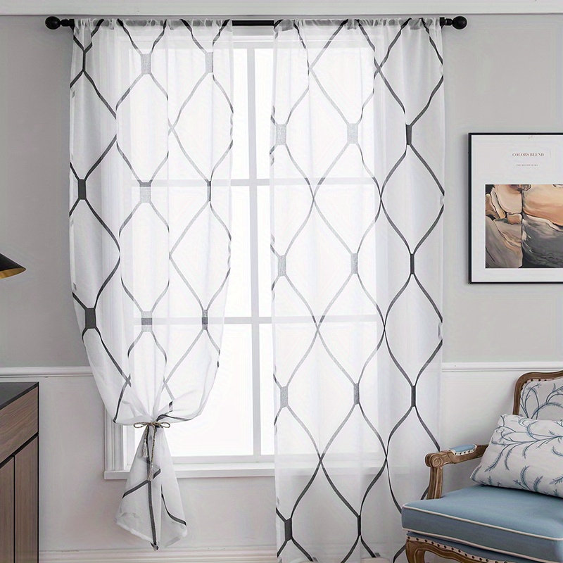 1pc modern geometric   lattice printed window sheer curtain for living room and bedroom home decor details 2