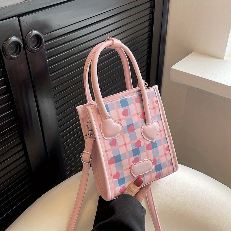 Mini Top Handle Plaid Crossbody Bag, Pu Leather Textured Bag Purse