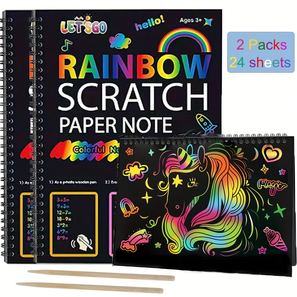 24 Pack Scratch Note Pads for Kids,Scratch Arts and Crafts  Notebooks,Rainbow Scratch Paper with 4 Drawing Stencil and 29 Wooden  Stylus,Scratch Art