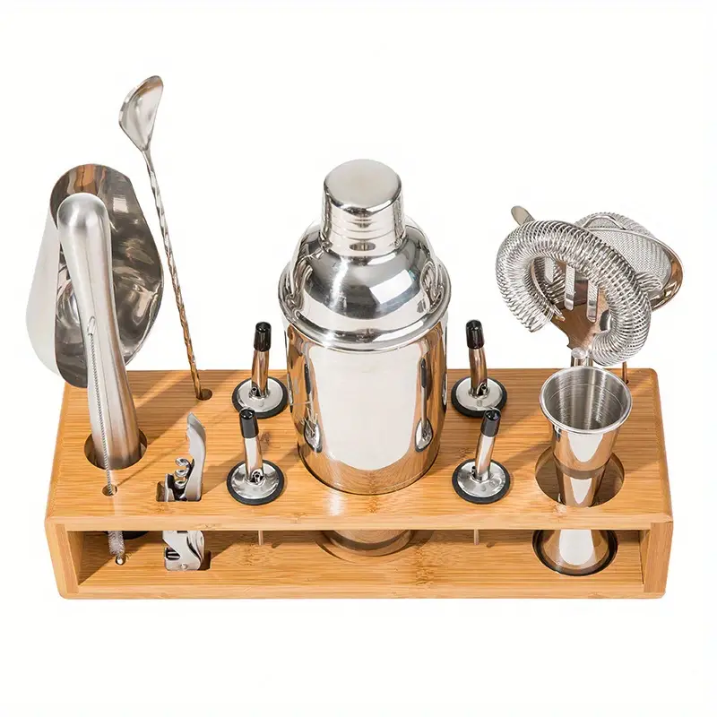 14pcs cocktail shaker set cocktail bartender kit bar drink tool set with stylish bamboo stand cocktail recipes booklet silvery details 5