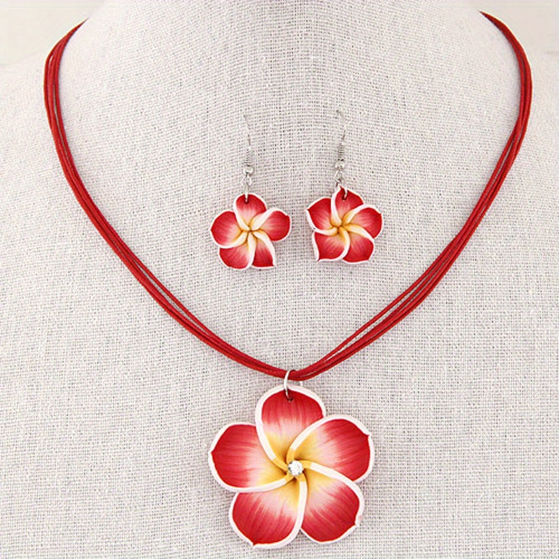 korean style elegant hawaii plumeria rubra soft pottery flower design necklace & earrings jewelry set female ornament red 7