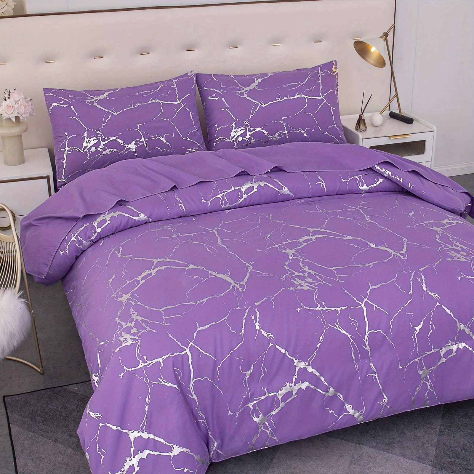 modern minimalist solid color pink gray   purple marble pattern hot golden silvery bedding set washable ultra   duvet cover soft and comfortable duvet   three piece set details 4