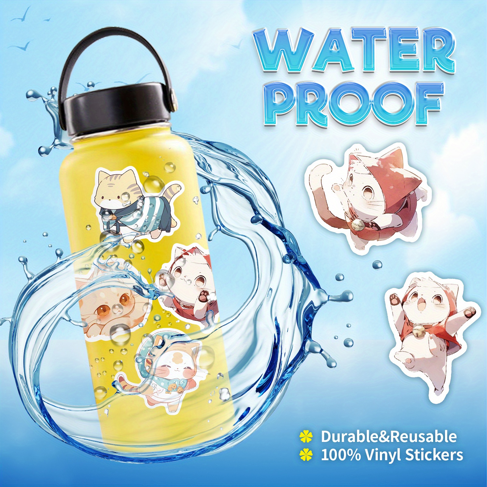 Cute Cat Stickers For Water Bottles, Stickers For Kids Teen Birthday