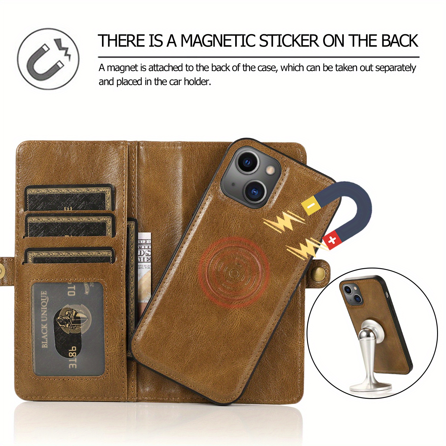 Pouch Magnetic Detachable Leather Wallet Case for iPhone 14 Pro