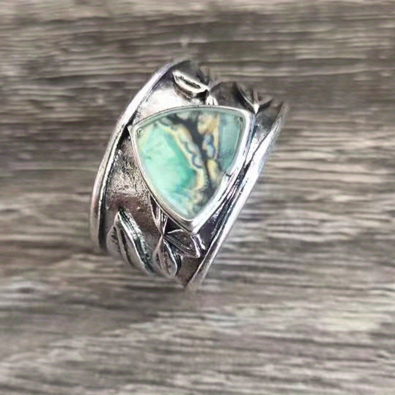 Vintage Boho Turquoise Gemstone Ring 925 Silver Tree Leaf Finger