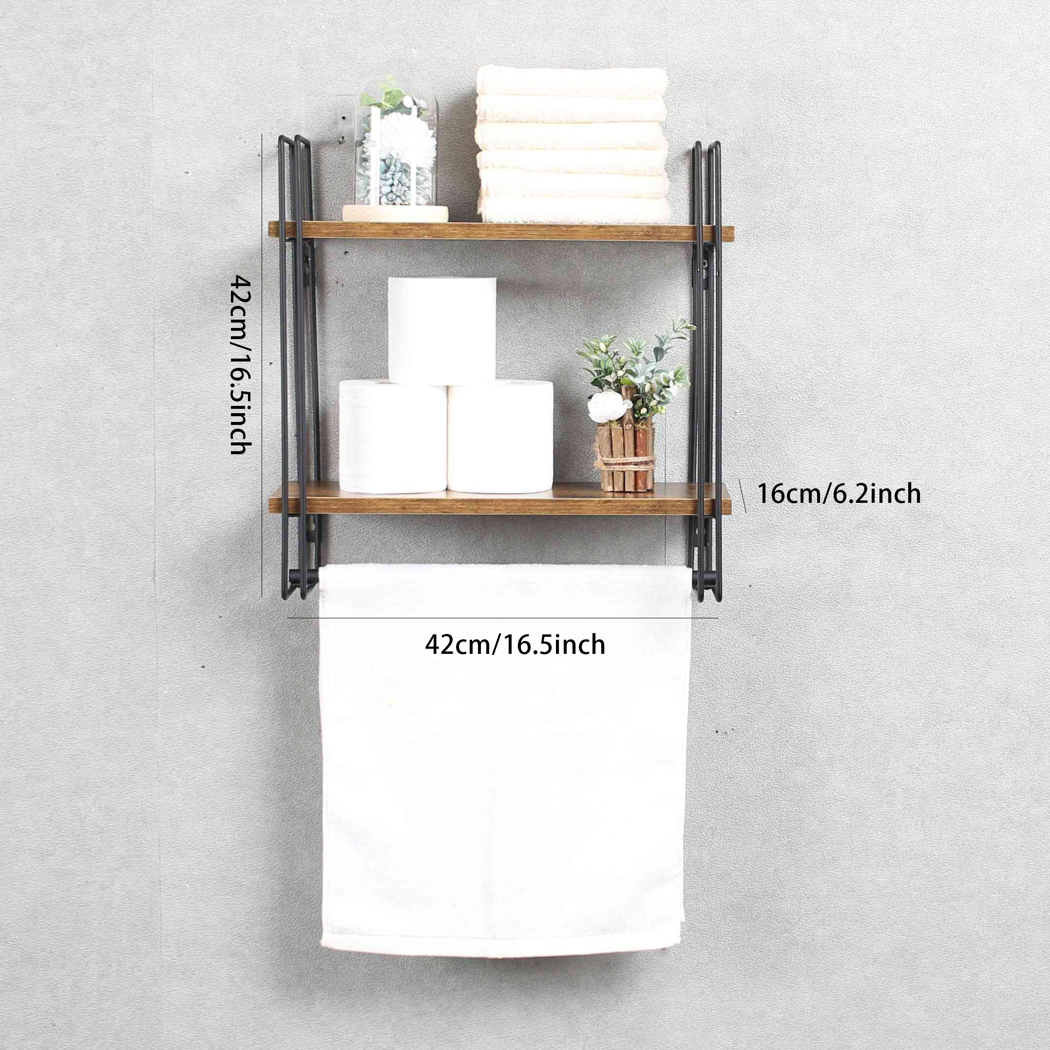 2 Tier Wall Mounted Bathroom Organizer Wood Wall Shelf w/Towel Bar