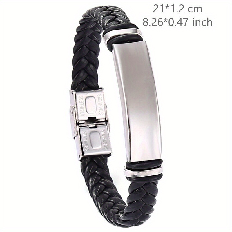 Men's Woven Stainless Steel and Black Leather Bracelet