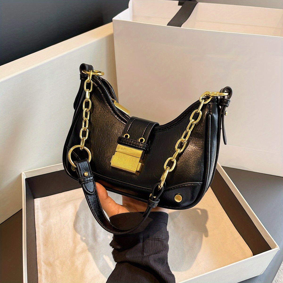 Glossy Metal Chain Crossbody Bag, Pu Leather Underarm Bag Purse, Niche  Versatile Fashion Shoulder Bag - Temu Japan