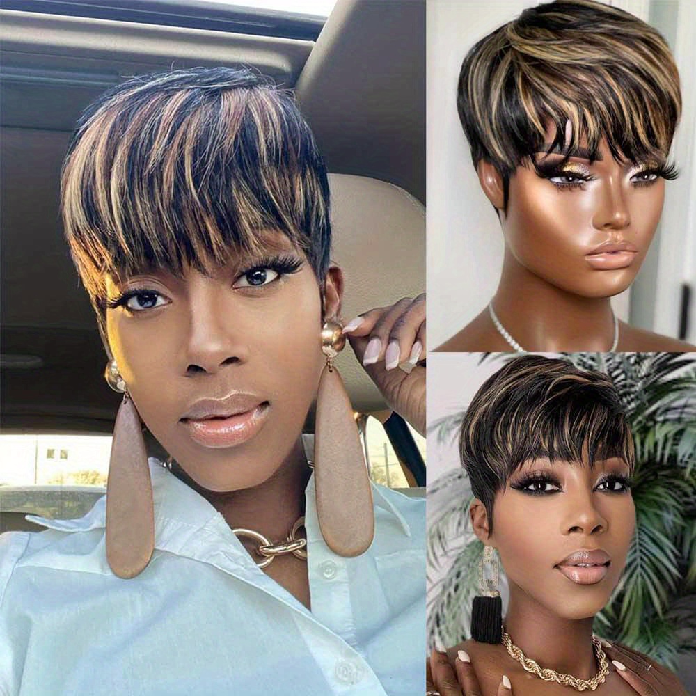 Remy Human Hair Pixie Cut Wig With Bangs Full Machine Made