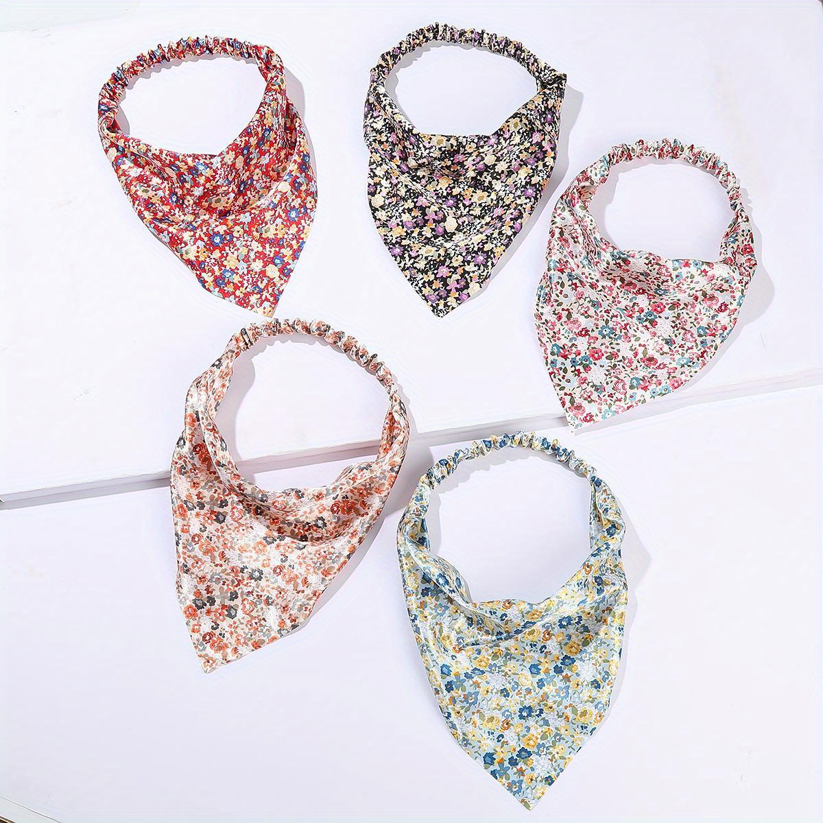 5pcs Flower Print Bandanas Elastic Triangle Scarf Headband Boho Kerchief