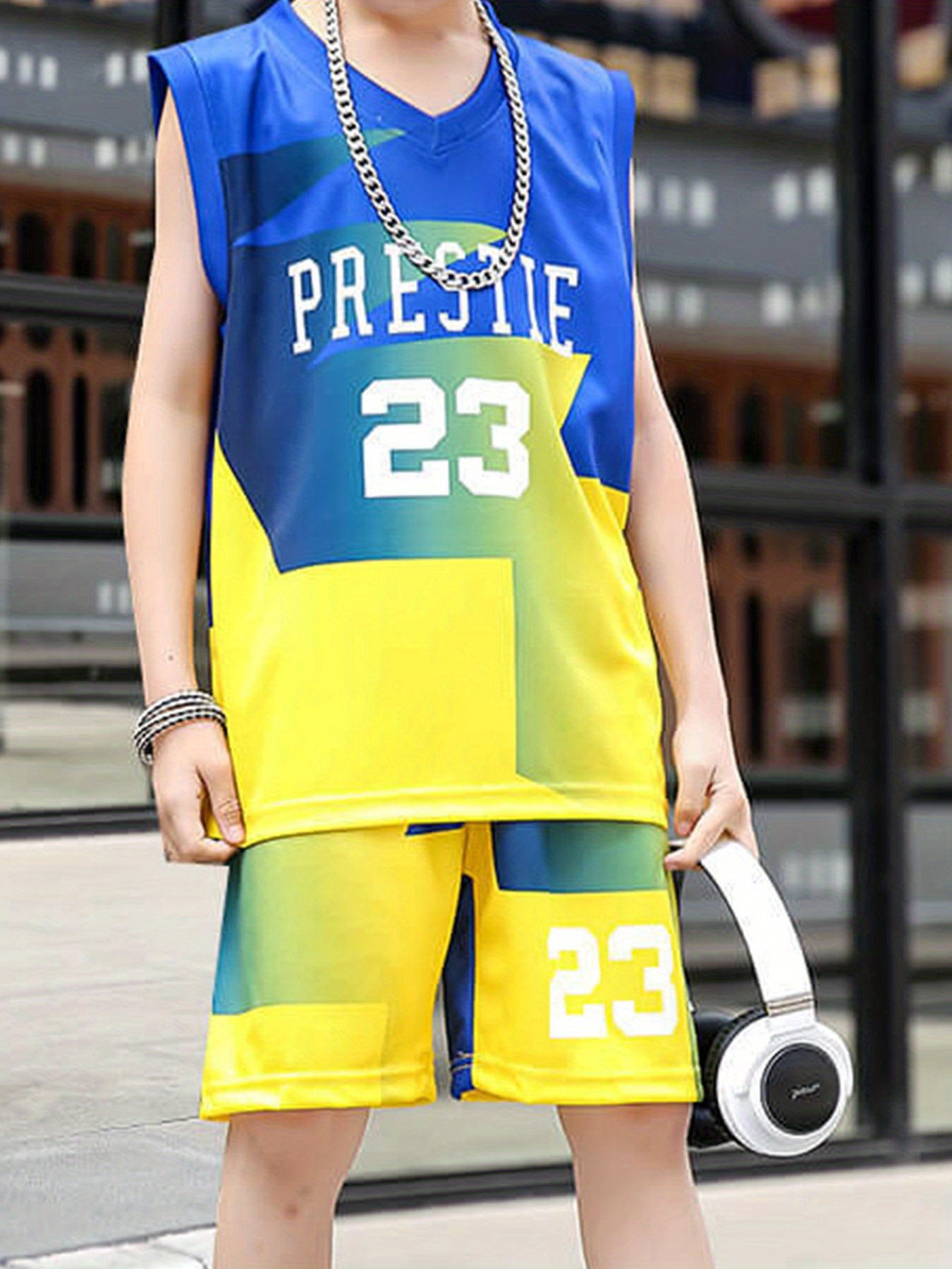 Kids Boys Breathable Sports Basketball Jersey Set, Casual