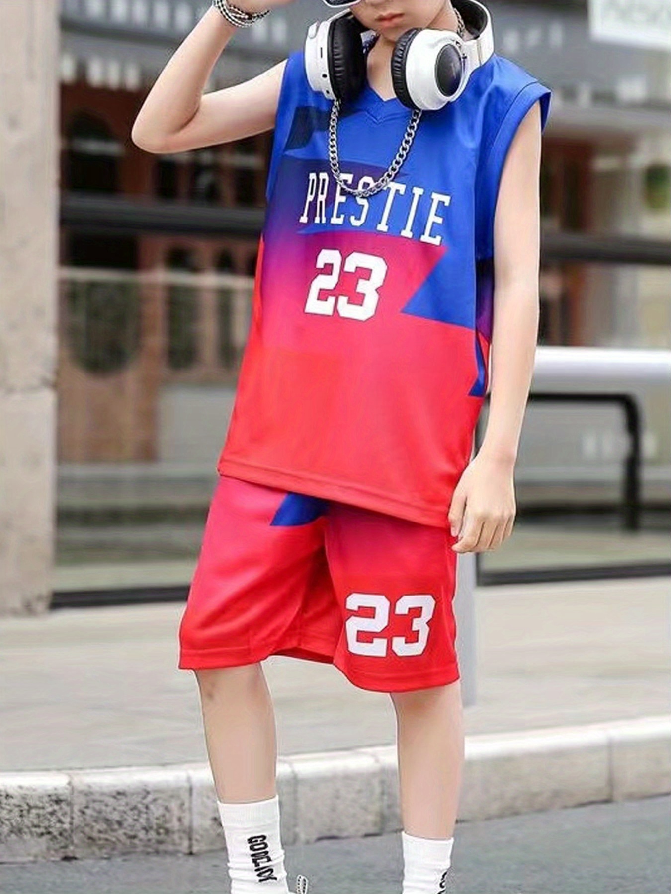 Kids Boys Breathable Sports Basketball Jersey Set, Casual