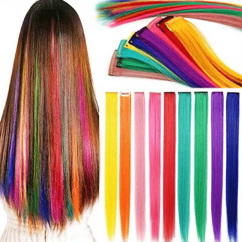 TEMU 9 Piezas/juego Extensiones De Cabello Con Clips Cabello Liso Extensiones De Cabello Sintético Multicolor Accesorios Para El Cabello Regalo Para