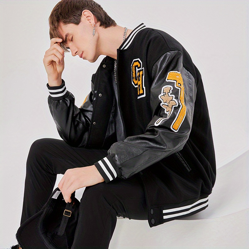 Men's Plus Size College Varsity Jacket, Loose Warm Fleece Button Baseball  Jacket, Casual Streetwear Coats With Creative Letters Print - Temu