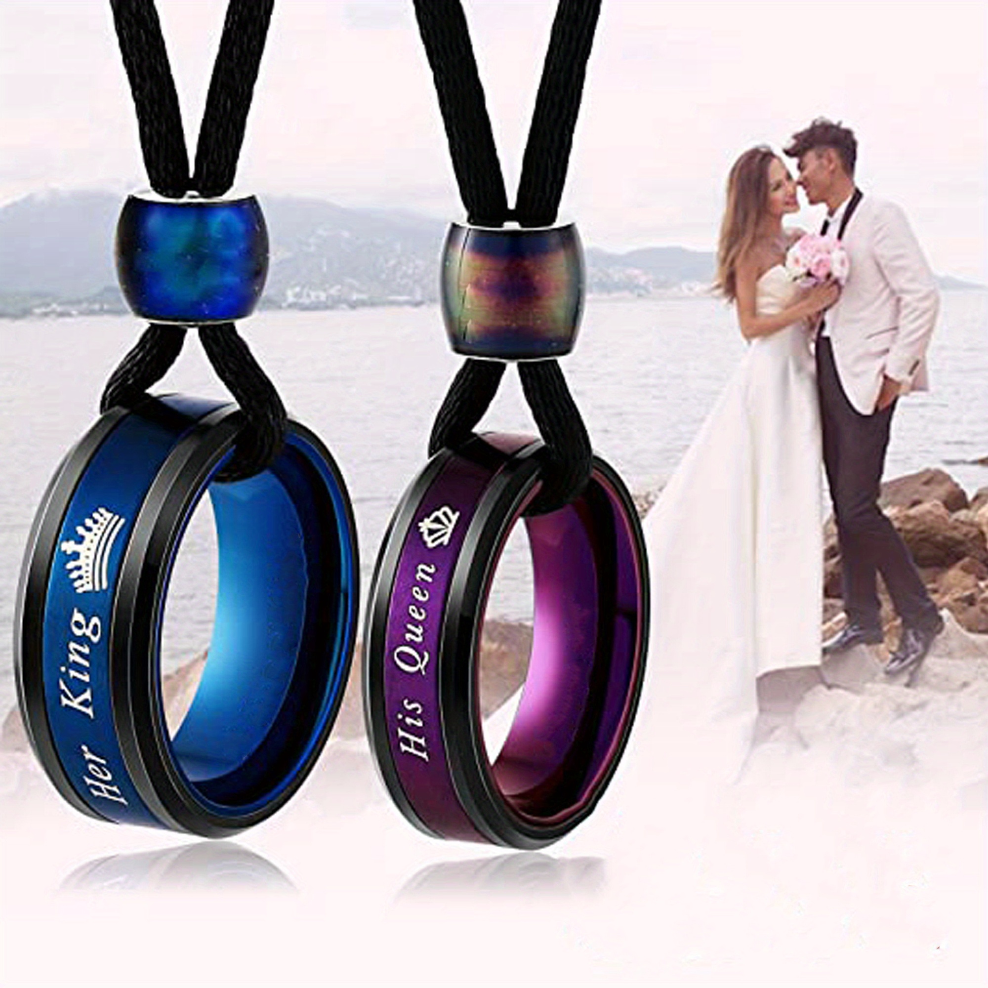 E-shop UTHOSMDO 2pcs Edelstahl Paar Ring Anhänger Halskette Set - Modische Seine & Ihre Schmuckstücke mit farbenfrohen eingravierten Ringen, schwarze