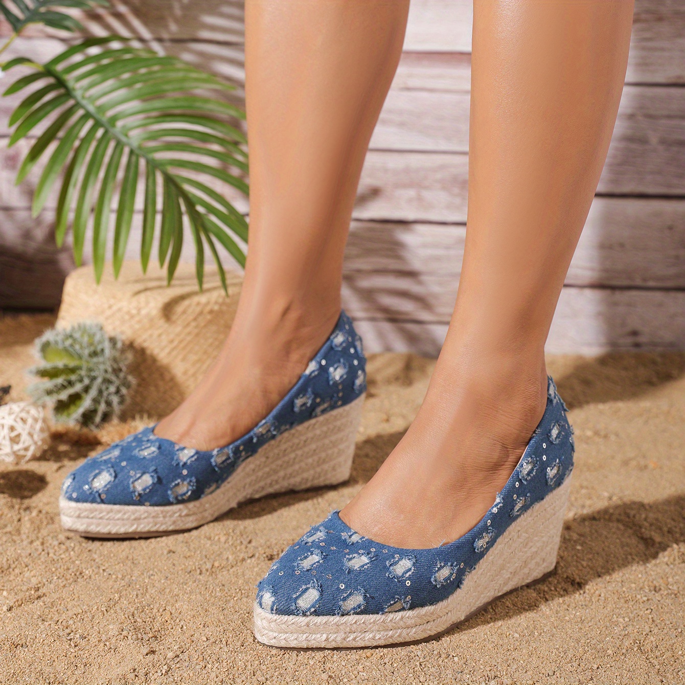 Women's Denim Wedge Heels Pointed Toe Espadrille Shoes