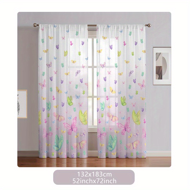2pcs Printed Gauze Curtains, Rod Pocket Window Treatment For Bedroom Office Room Study Home Decor