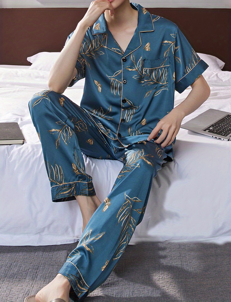 2 Piece Outfit Mens Trend Printed Shirt + Pants Set Casual Short Sleeve  Trouser