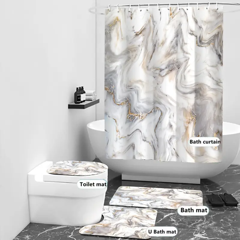 Waterproof Grey Gold Marble Shower Curtain Set 12 Hooks Non - Temu Australia
