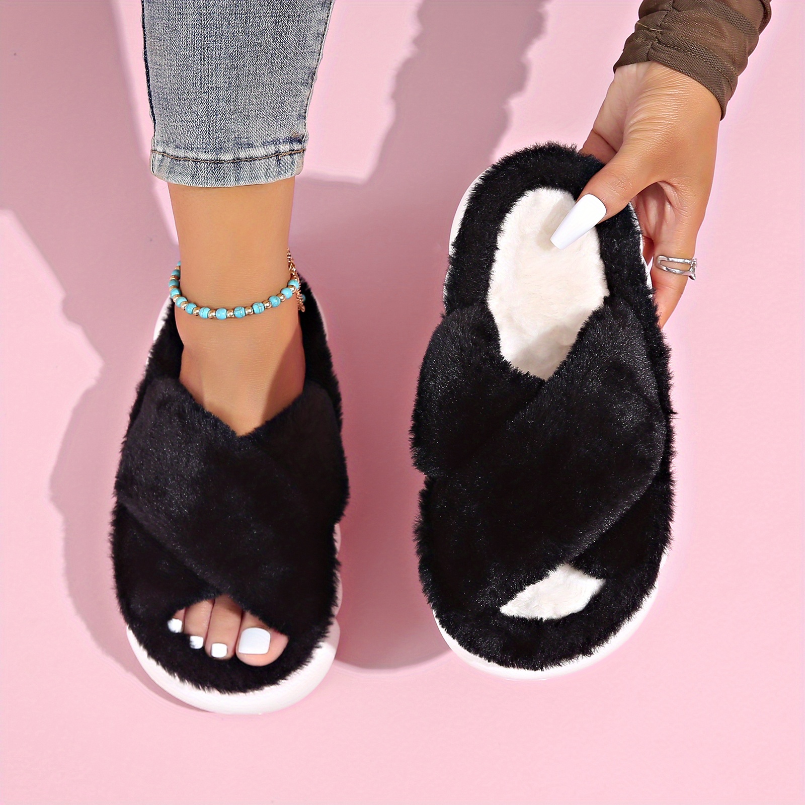 Women's Platform Fuzzy House Slippers, Open Toe Criss Cross Solid