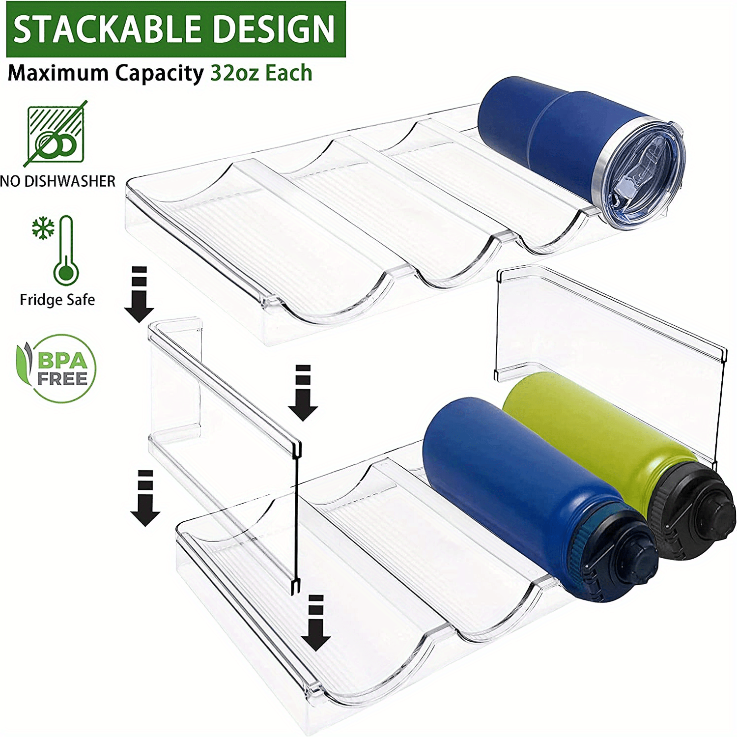 2 Packs Stackable Water Bottle Organizer for Cabinet. Water Bottle Holder  Rack for Kitchen Fridge and Pantry Organizer Storage, For Tumbler Travel  Cup,Blender Bottle, Thermoos, Metal, Black