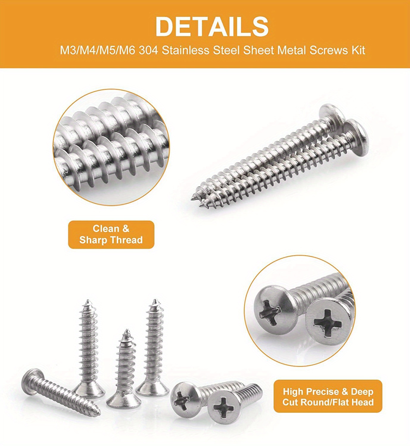 Self Tapping Screws Assortment Fasteners Set, 304 Stainless Steel M Metal Screws Kit With