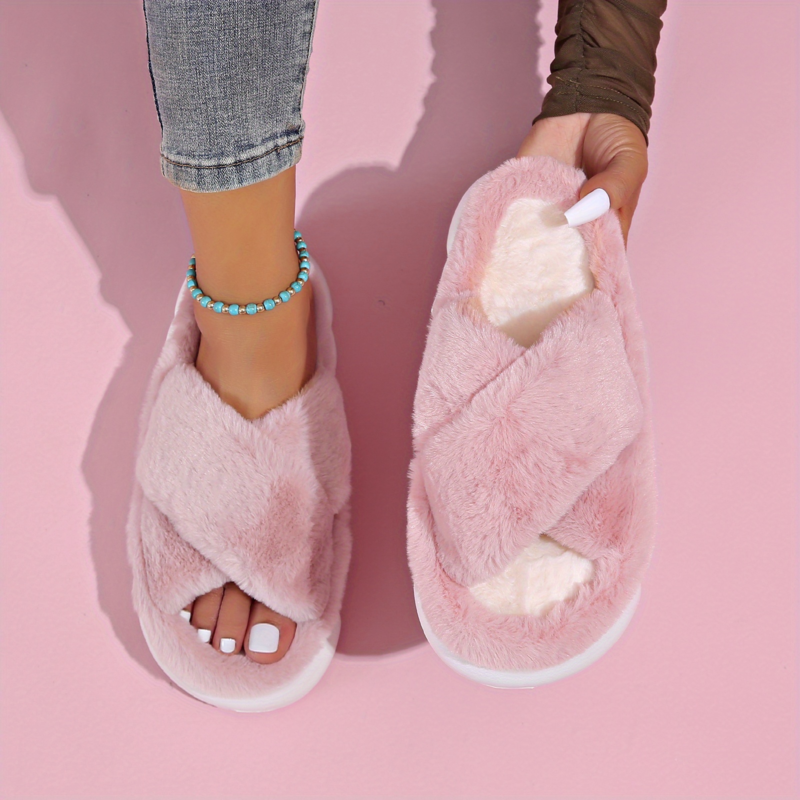 Women's Platform Fuzzy House Slippers, Open Toe Criss Cross Solid Color  Fluffy Home Slides, Cozy Indoor Plush Shoes - Temu