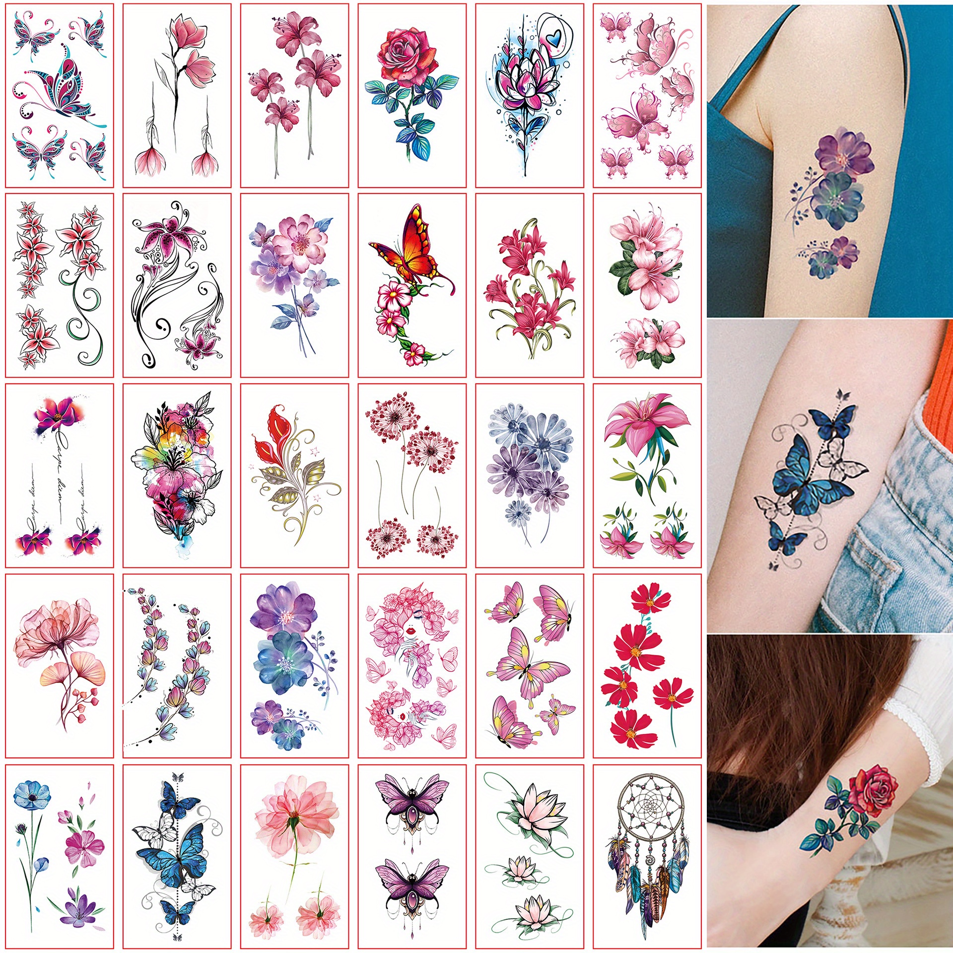 30pcs Sets Tattoo Stickers, Small Size & Flower Pattern Temporary Tattoo, Waterproof Lasting 3-