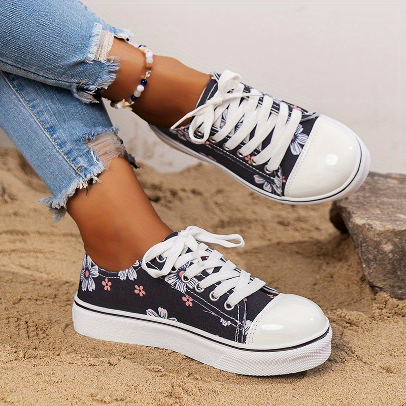 womens trendy printed canvas shoes casual lace up outdoor sneakers lightweight comfortable shoes details 2