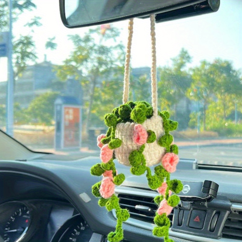 Car Mirror Hanging Accessories Decoration Car Plant Teen Gifts Charms Funny  Crochet Weavere Hanging Basket for Women Men Cute Potted Plants style C