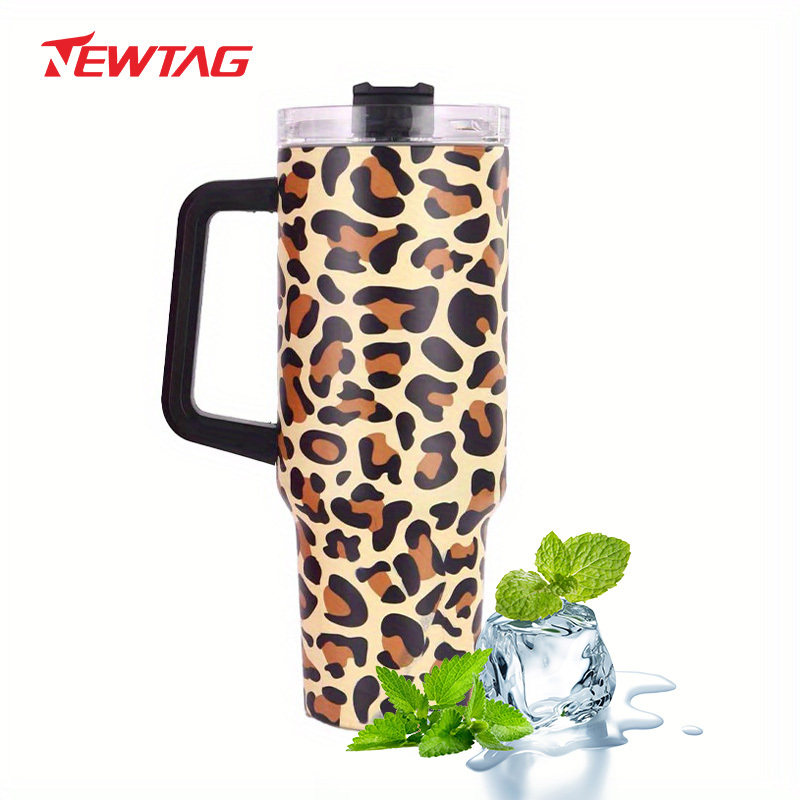 Leopard Print Flat bottomed Cup With Handles And Straws - Temu