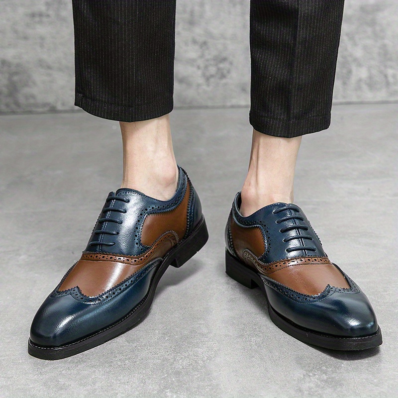 Mens Brogue Wingtip Oxford Shoes Color Block Lace Up Front Dress Shoes