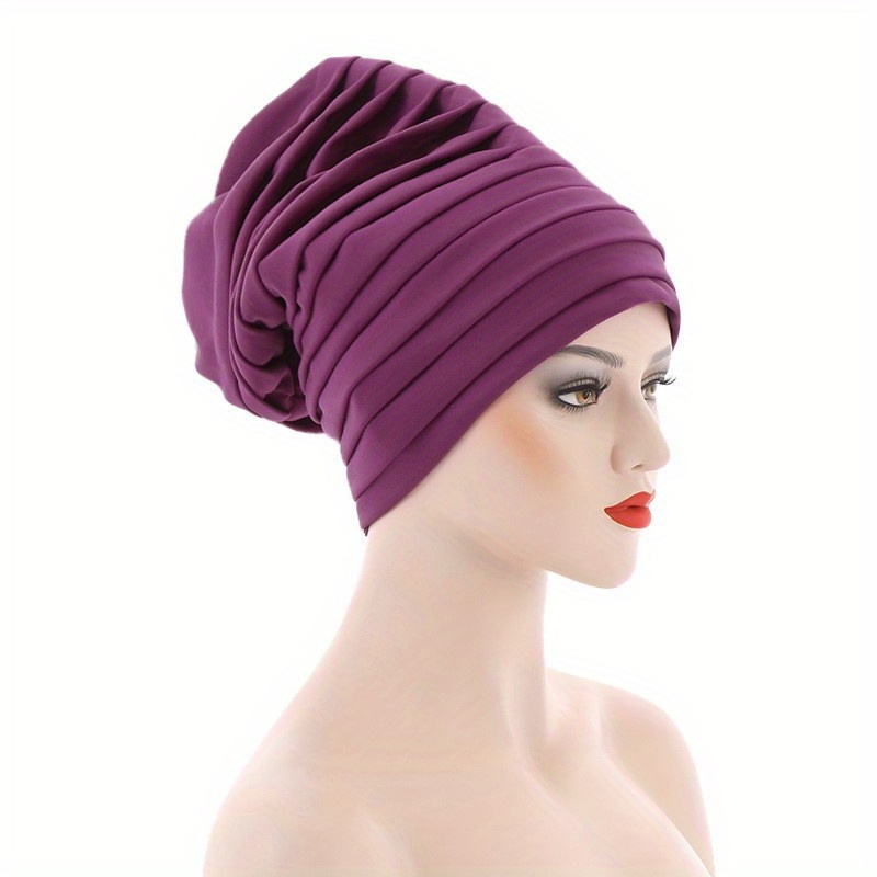 Layered Pleated Turban Cap Elastic Head Wrap Solid Ramadan Head Scarf