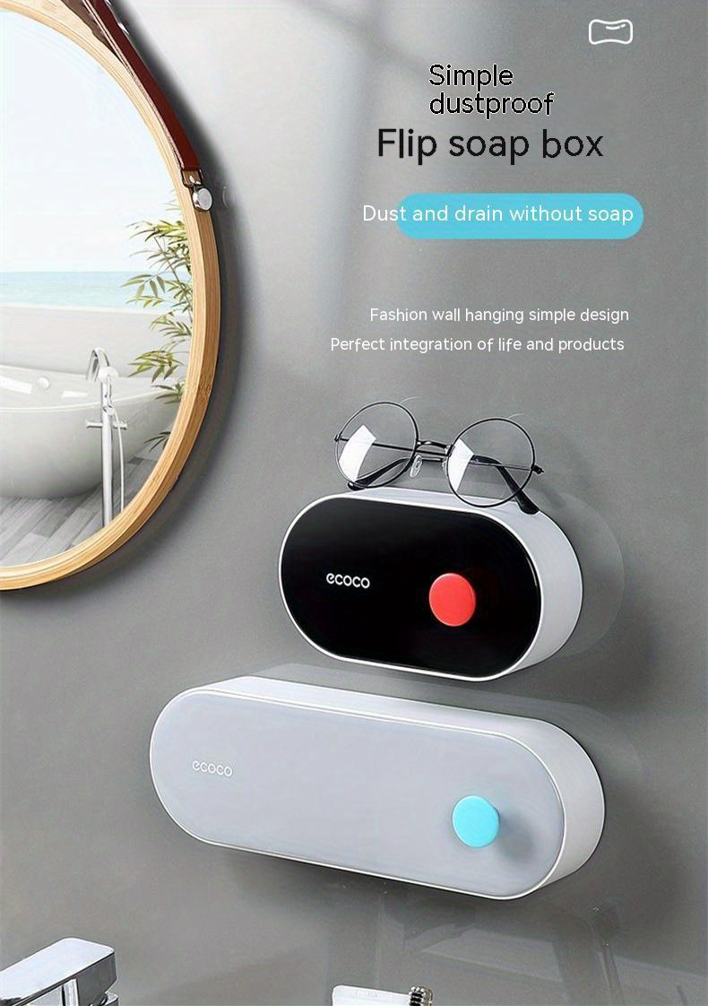 1pc wall mounted soap dish with lid drain soap holder universal flip soap box traceless installation   case bathroom accessories details 2