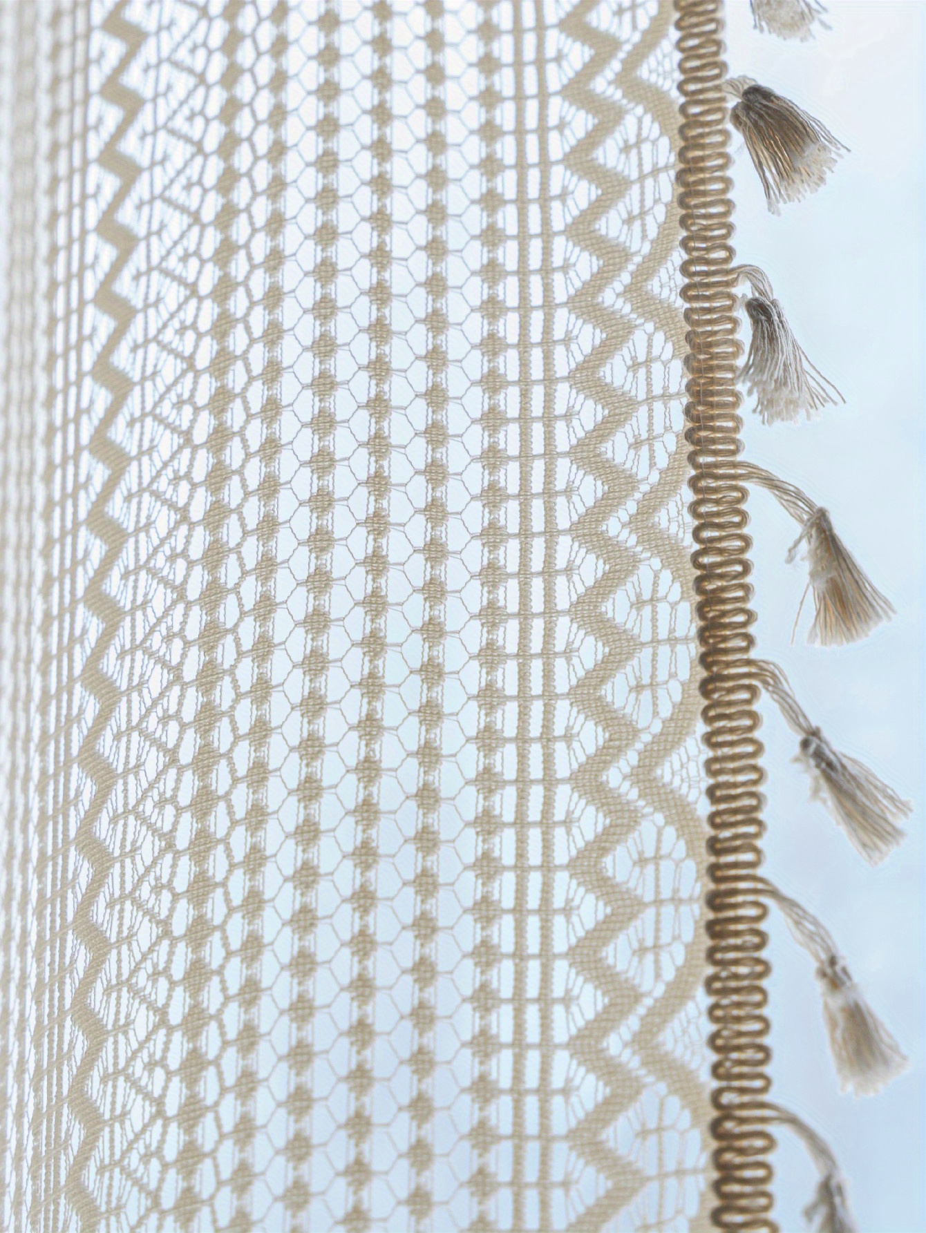 boho chic beige crochet fringe curtain uv protection rod   for living room bedroom dining decor details 13