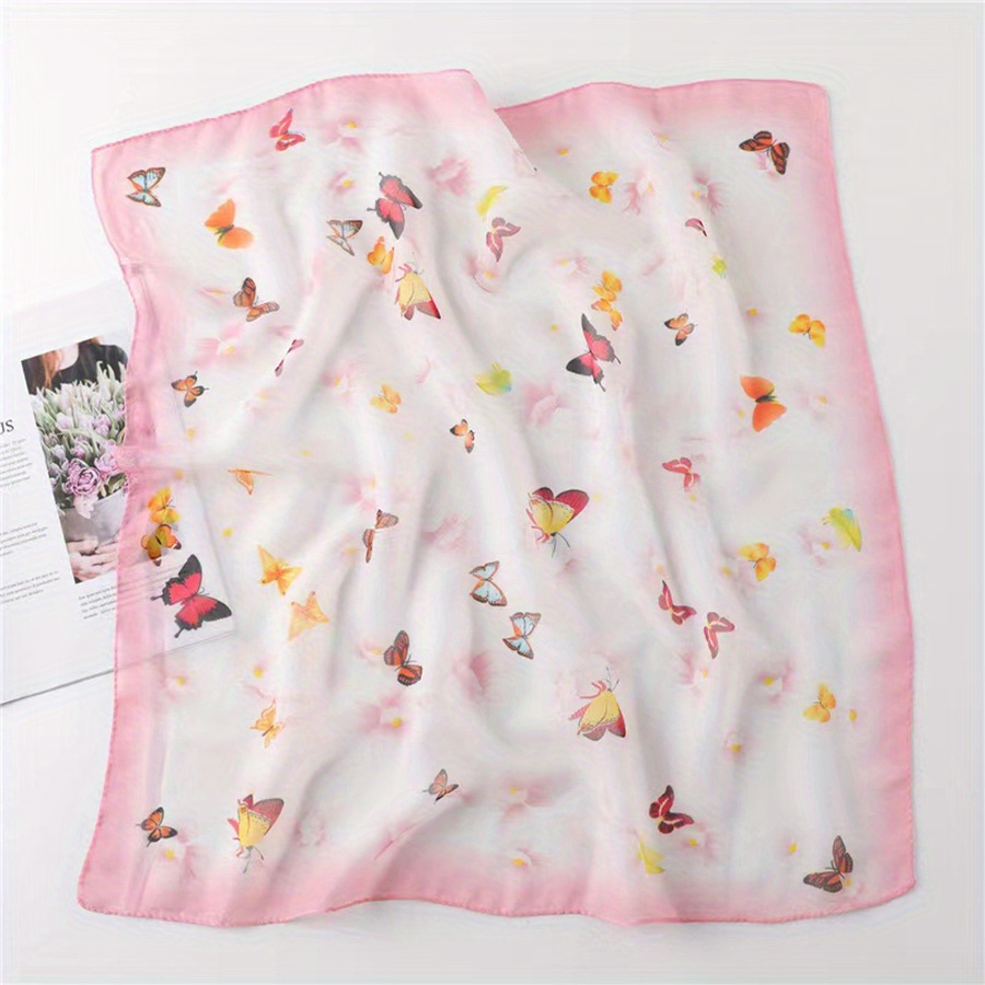 Butterfly Printed Square Scarf Silk Thin Headband Breathable Hair Wrap