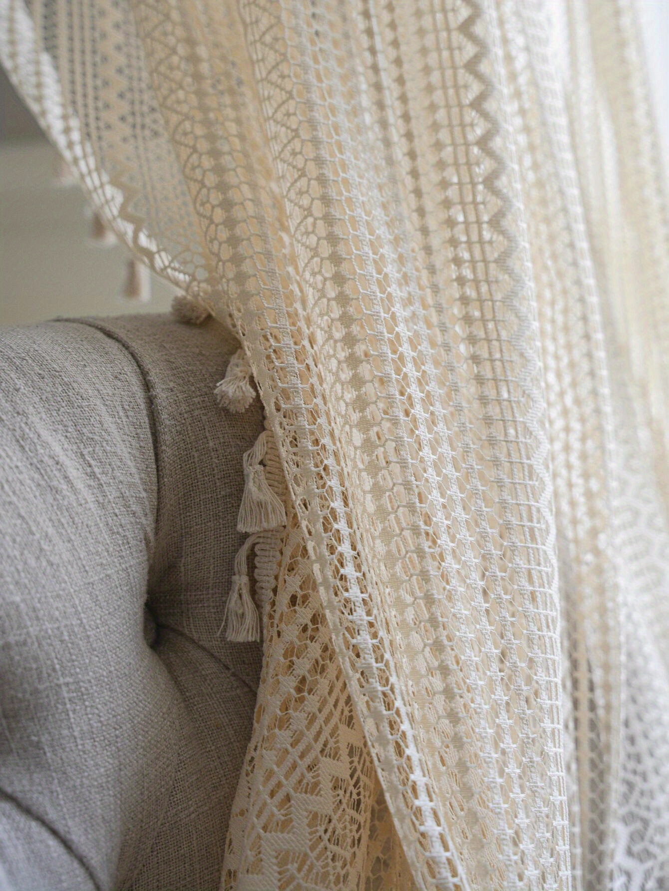 boho chic beige crochet fringe curtain uv protection rod   for living room bedroom dining decor details 4