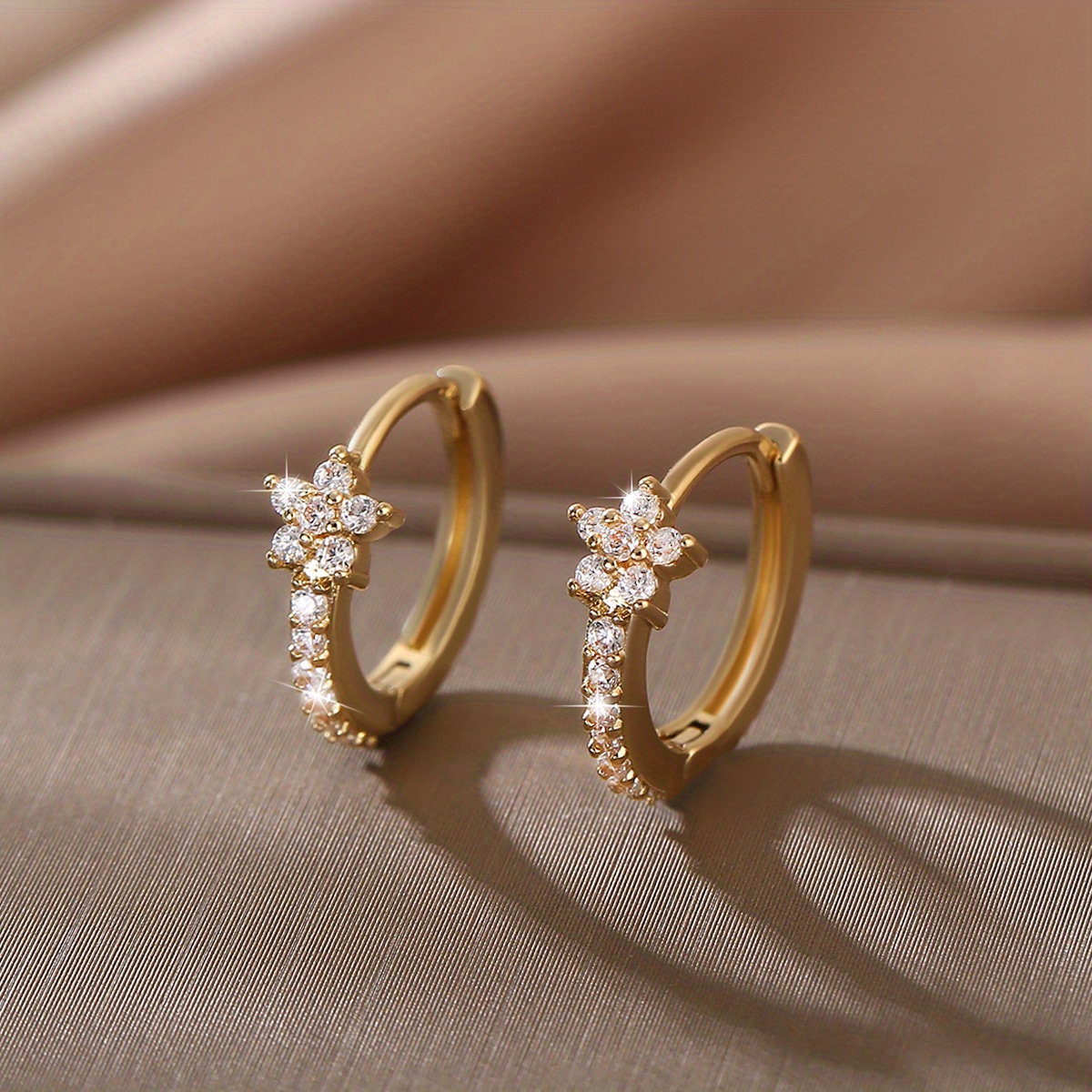 flower shape sparkling zirconia decor hoop earrings elegant minimalist style copper jewelry   female gift golden 10