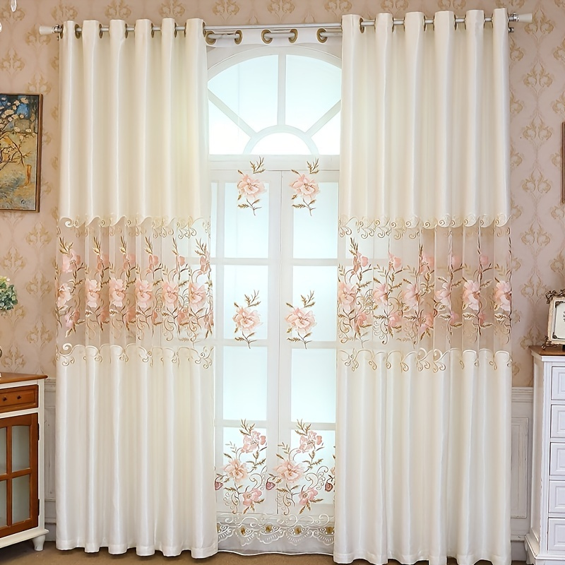 1pc elegant pink floral embroidered sheer curtain with eyelets semi transparent polyester machine washable for living room bedroom privacy decorative window treatment european style curtains intricate embroidery curtains for living room details 1