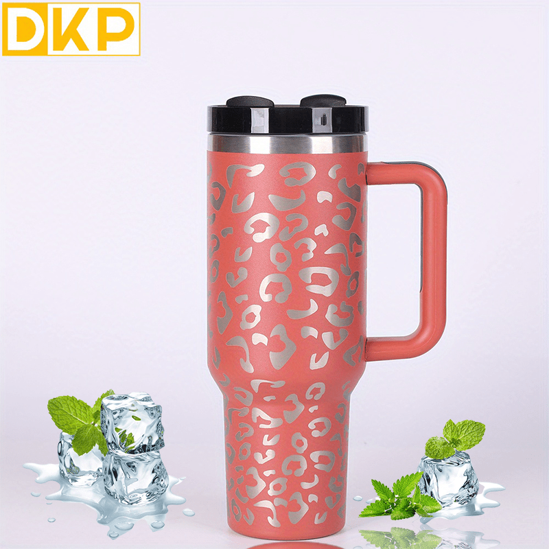 1pc Creative Leopard Print 40oz Vacuum Insulated Tumbler With Handle,  Portable Stainless Steel Travel Mug