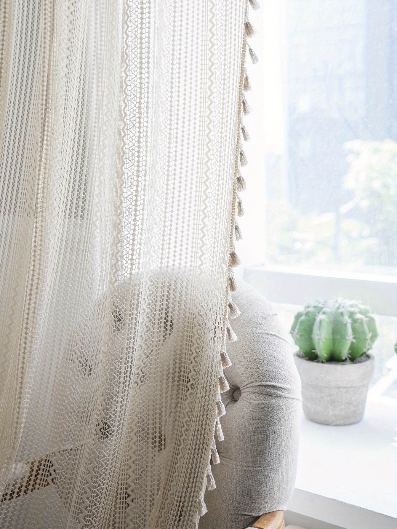 boho chic beige crochet fringe curtain uv protection rod   for living room bedroom dining decor details 10