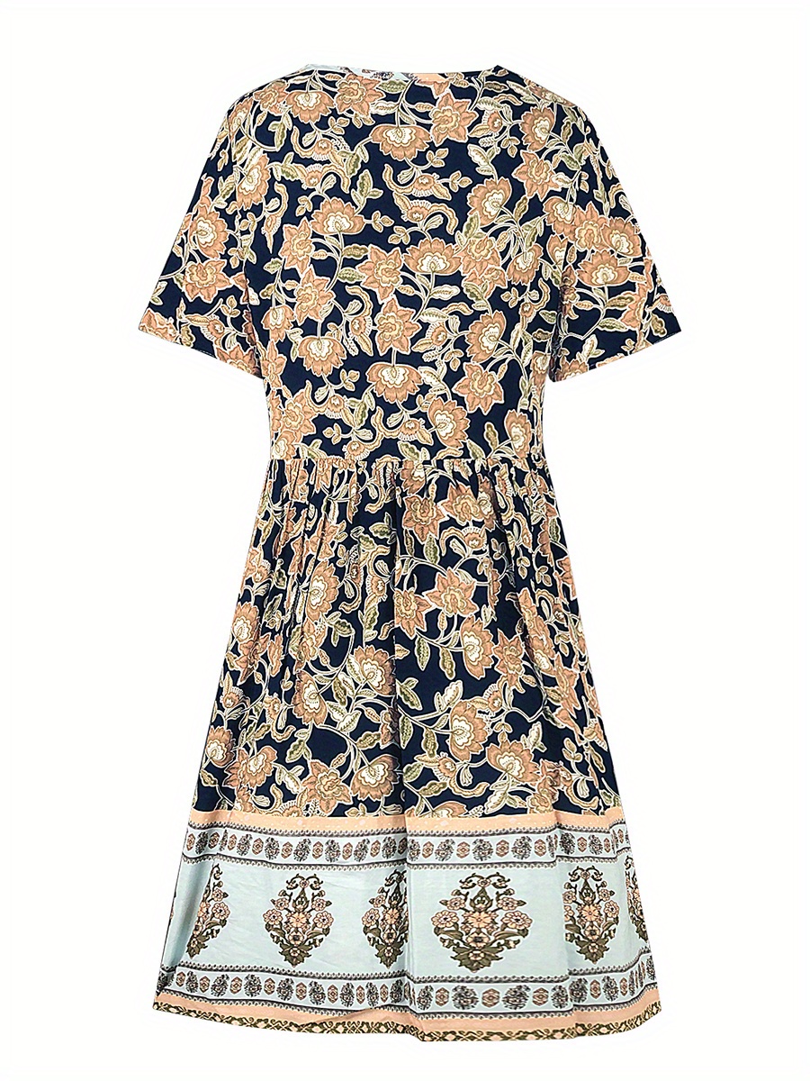 Floral Print Boho Dress, Short Sleeve Summer Pleated Drawstring Dress, Women's Clothing Temu