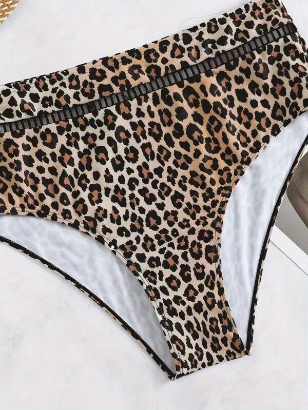 Leopard Print Hollow Out High Waist Bikini Bottoms, Stretchy Sexy Tummy Control Stylish Swim Briefs, Women's Swimwear & Clothing