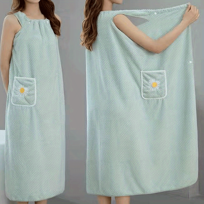 

1pc Daisy Embroidered Women's Wearable Towel, Super Absorbent Non-shedding Towel Dress With Pocket, Wearable Fade-resistant Shower Skirt Towel, Bathroom Supplies, Home Supplies