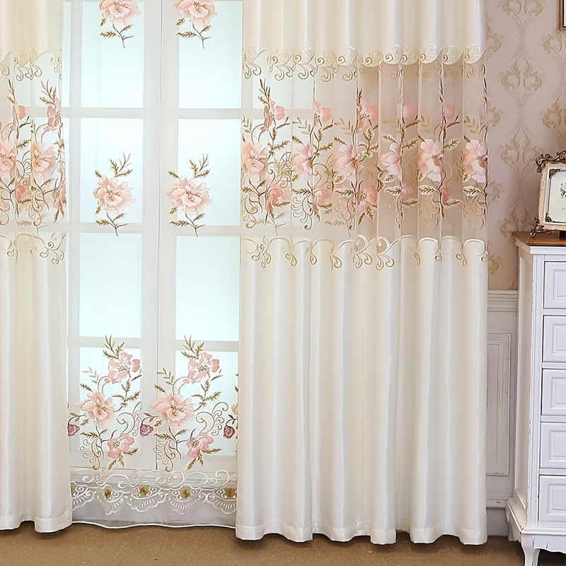 1pc elegant pink floral embroidered sheer curtain with eyelets semi transparent polyester machine washable for living room bedroom privacy decorative window treatment european style curtains intricate embroidery curtains for living room details 5