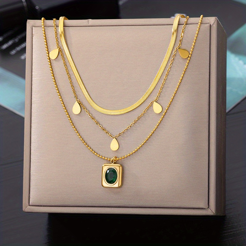 Tiger Chain Necklace Green Zircons Gold Stylish Layering 