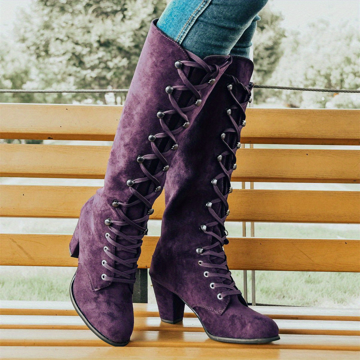 Women's Chunky Heeled Long Boots, Retro Solid Color Lace Up Knee High Boots,  Casual Heeled Riding Boots - Temu Italy